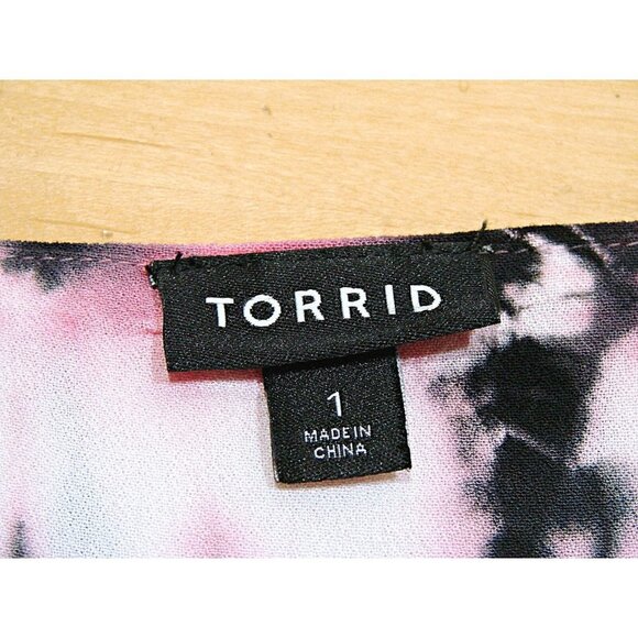 Torrid Sleeveless Flowy Blouse Top Sz 1 Pink Black Tie Dye Key Hole Gold Jewels - Picture 5 of 12